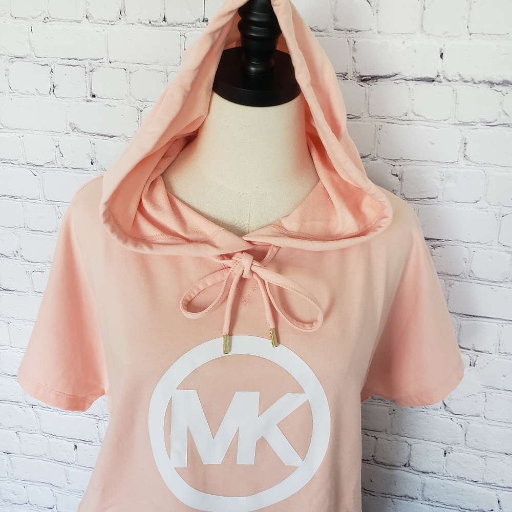 MICHAEL KORS Short Sleeve Dusty Coral Logo Hooded Sweatshirt--NWT--L - Picture 5 of 16